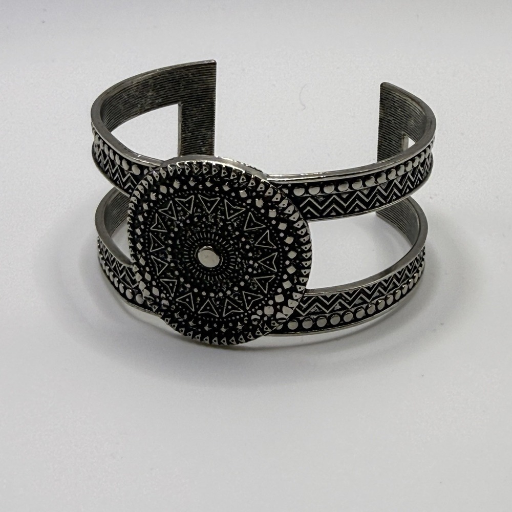 Boho Geometric Wide Cuff Bracelet Adjustable Abstract Silver Tone Hippie Chic
